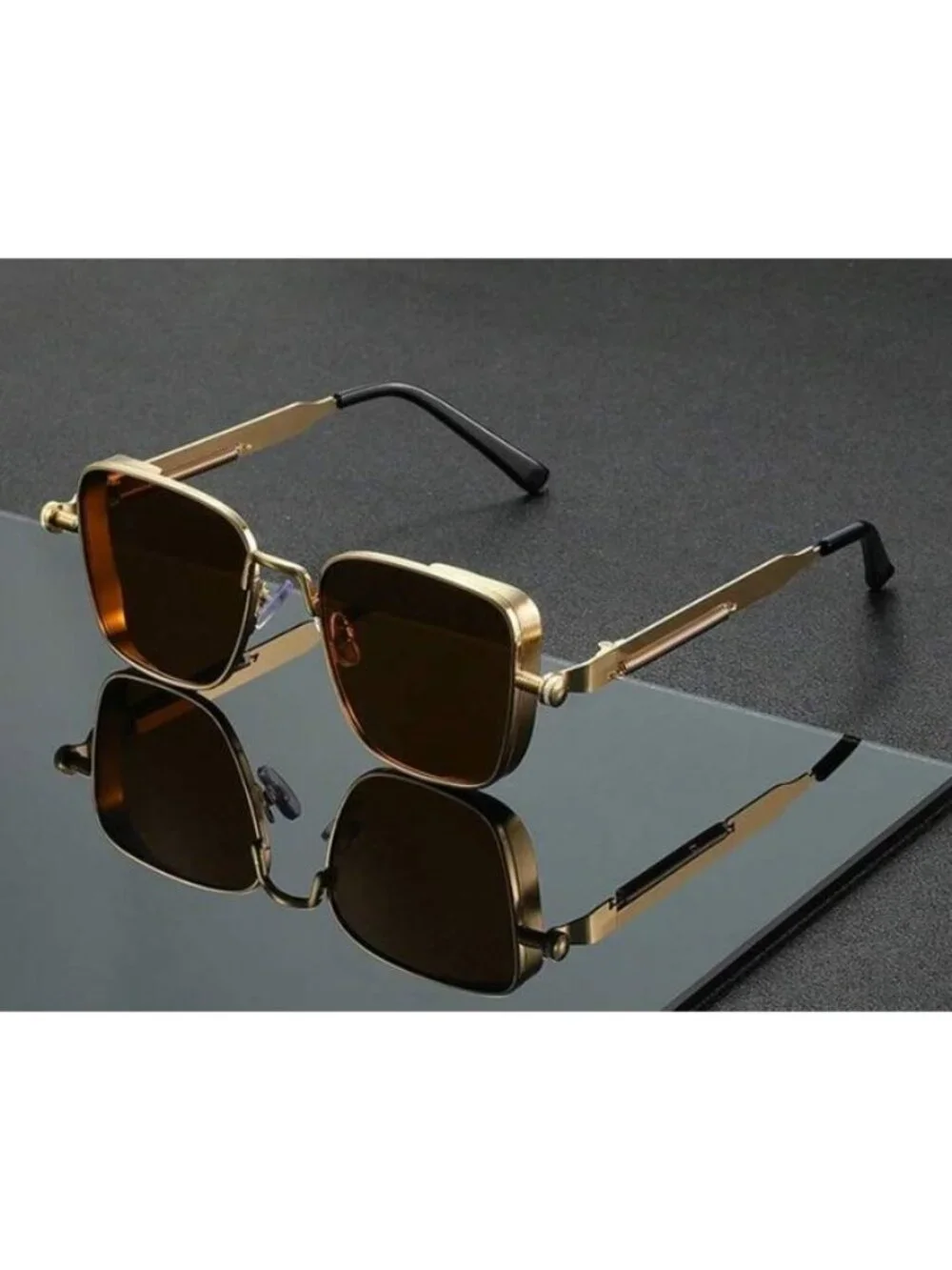 Retro Unisex Square Gold Metal Frame Sunglasses W/ Brown Tea Lenses Spring Hinge